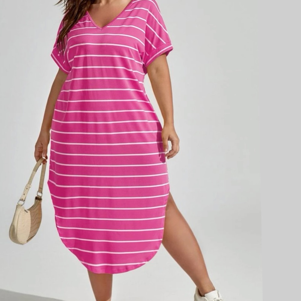 NWT Shein Pink & White Striped  Short Sleeve Tee Dress